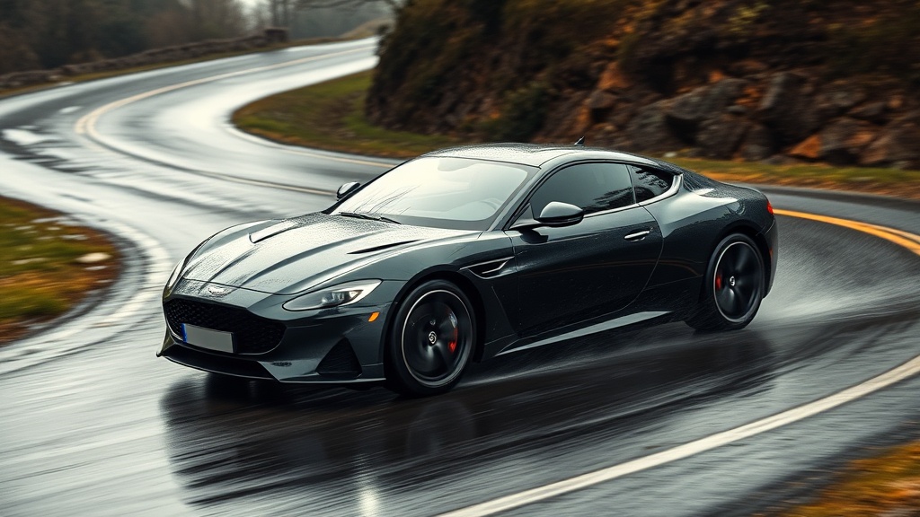 비가 내리는 미끄러운 굽은 도로에서 안정적으로 코너를 도는 자동차를 통해 차량의 무게중심과 핸들링 특성의 중요성을 나타내는 장면.