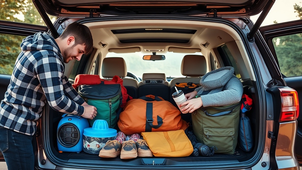 자동차 트렁크를 활짝 열고 다양한 캠핑 장비와 일상용품을 적재하며 내부 공간의 활용성을 꼼꼼하게 확인하는 사람들의 모습.