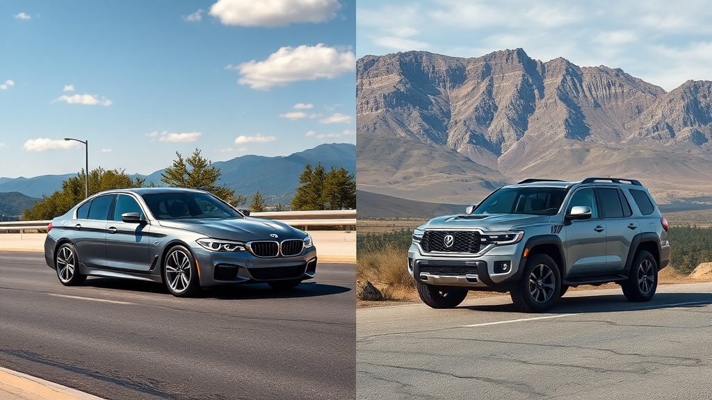 도심의 아스팔트 도로를 주행하는 날렵한 세단과 넓은 자연을 배경으로 서 있는 듬직한 SUV가 나란히 배치되어 두 차종의 대비를 명확하게 보여주는 장면.