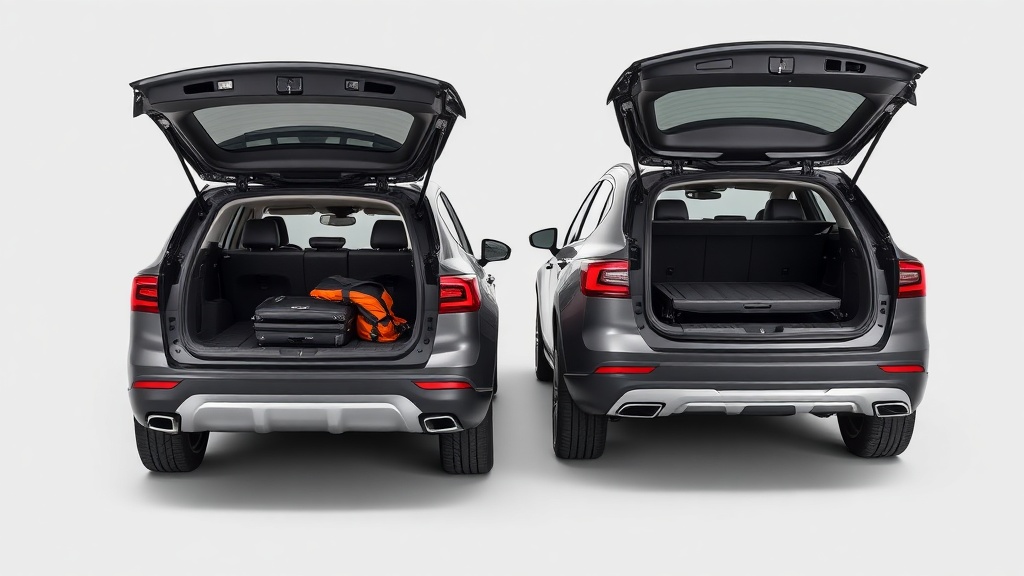 SUV의 넓은 해치백 개구부와 세단의 독립된 트렁크 구조를 비교하는 모습